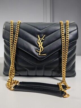 Saint Laurent Black Quilted Leather Loulou Chain Crossbody with Gold Hardware